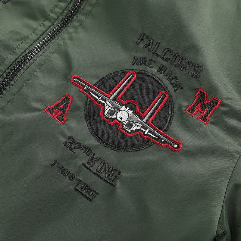 Men's pilot bomber jacket in vintage military style with embroidered flight patches and water-repellent nylon surface Chichicherry