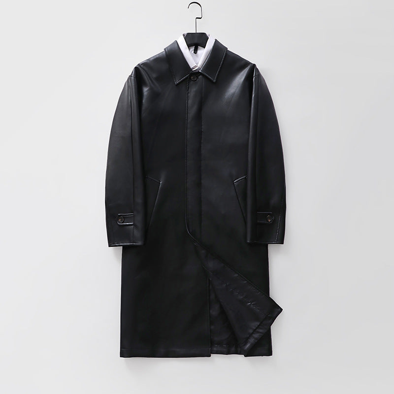 Men's longer minimalist faux leather coat with shirt collar, concealed button placket, and straight cut Chichicherry