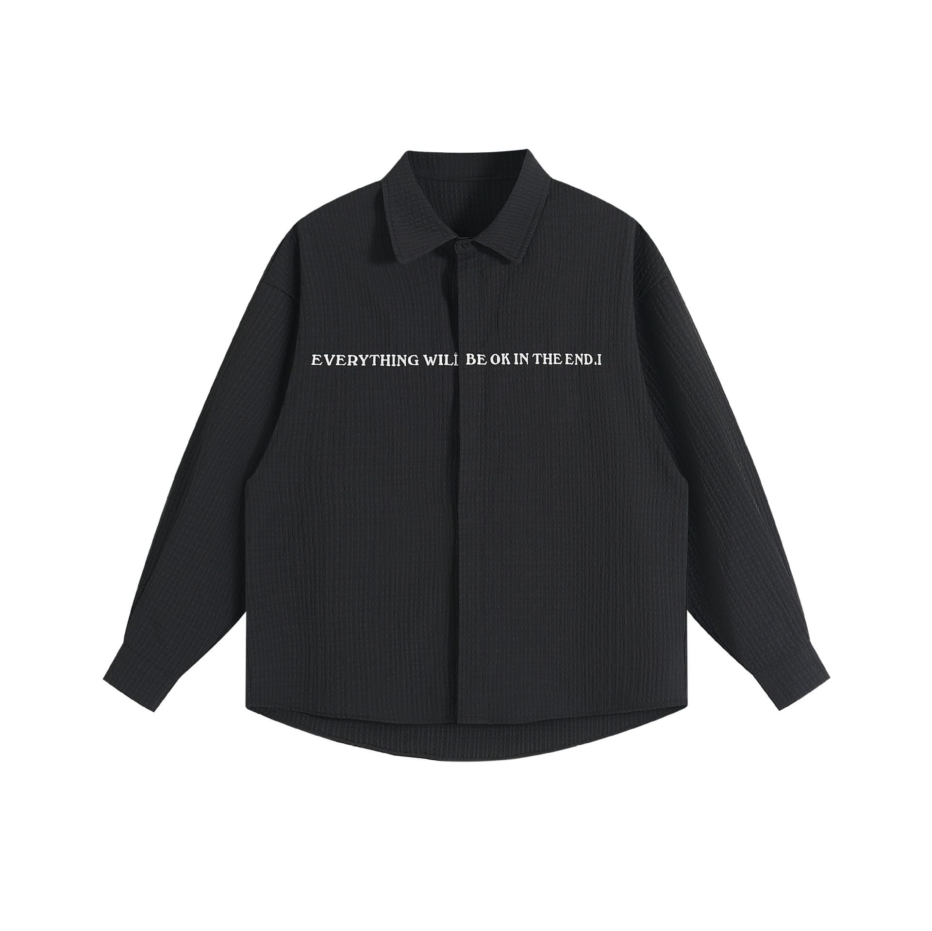 Unisex Oversize Textured Shirt Jacket with Concealed Button Placket and Statement Embroidery Chichicherry