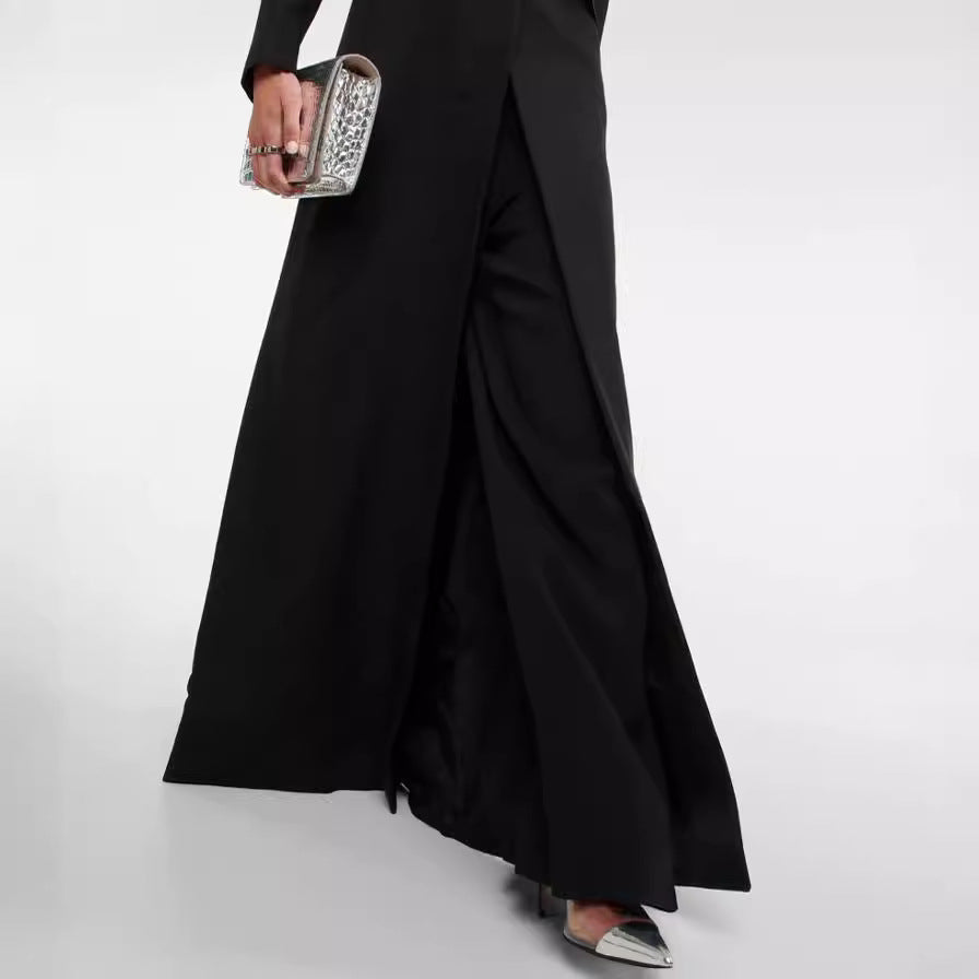 Women's maxi dress in tuxedo style with deep V-neck and tailored single-button closure Chichicherry