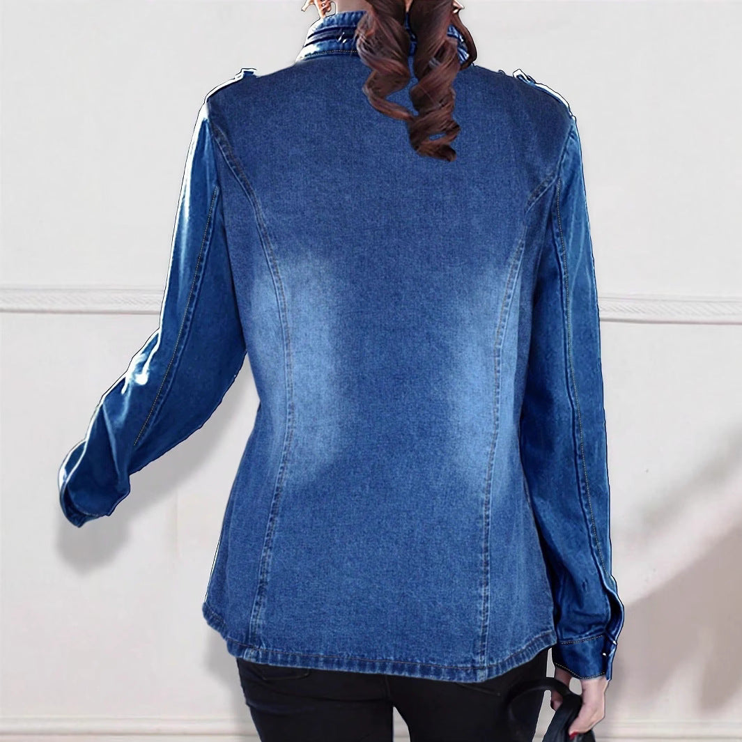 Women tailored denim jacket in military style with stand-up collar and flap pockets Chichicherry