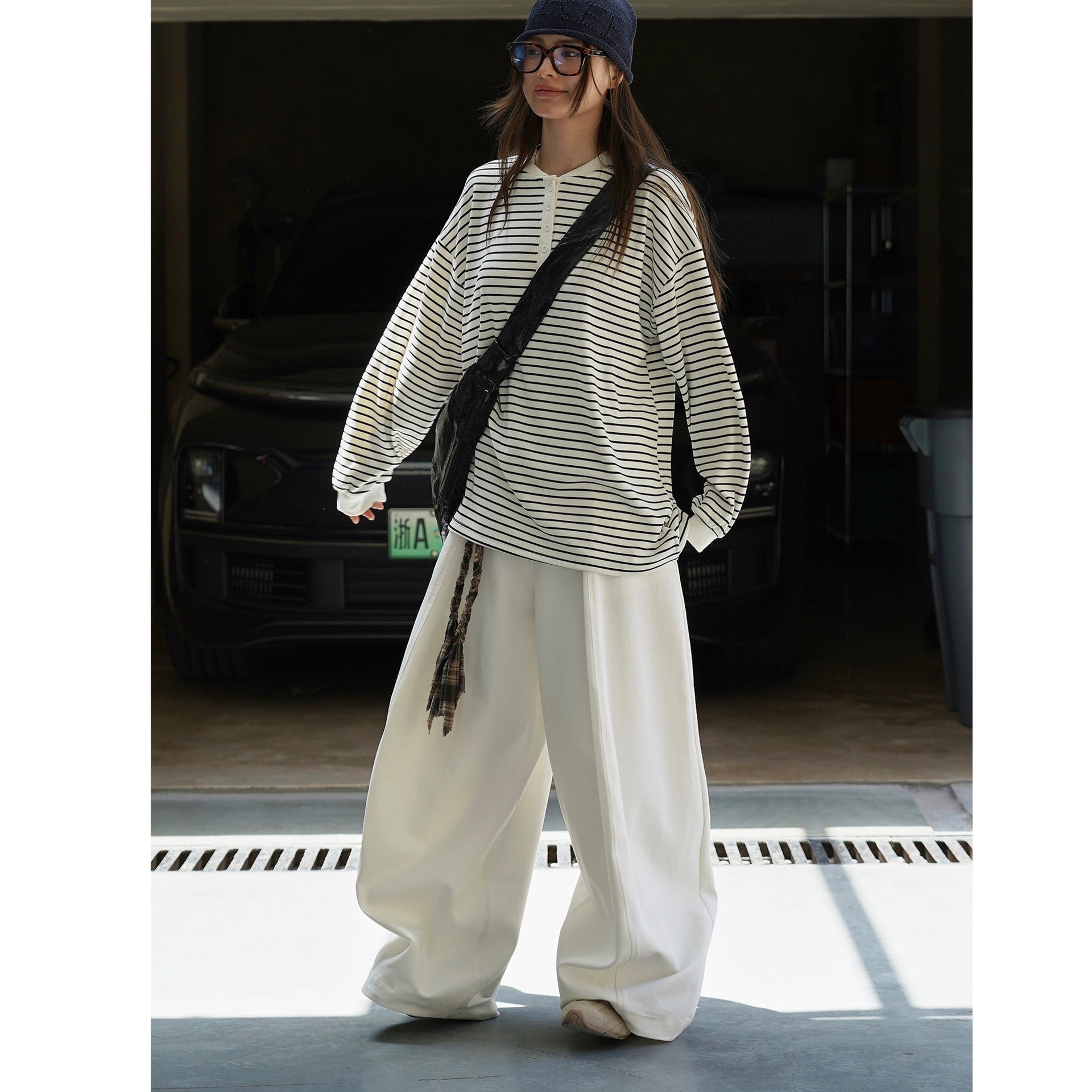 Women's Casual Breton Shirt in Oversized Cut with Henley Placket Chichicherry