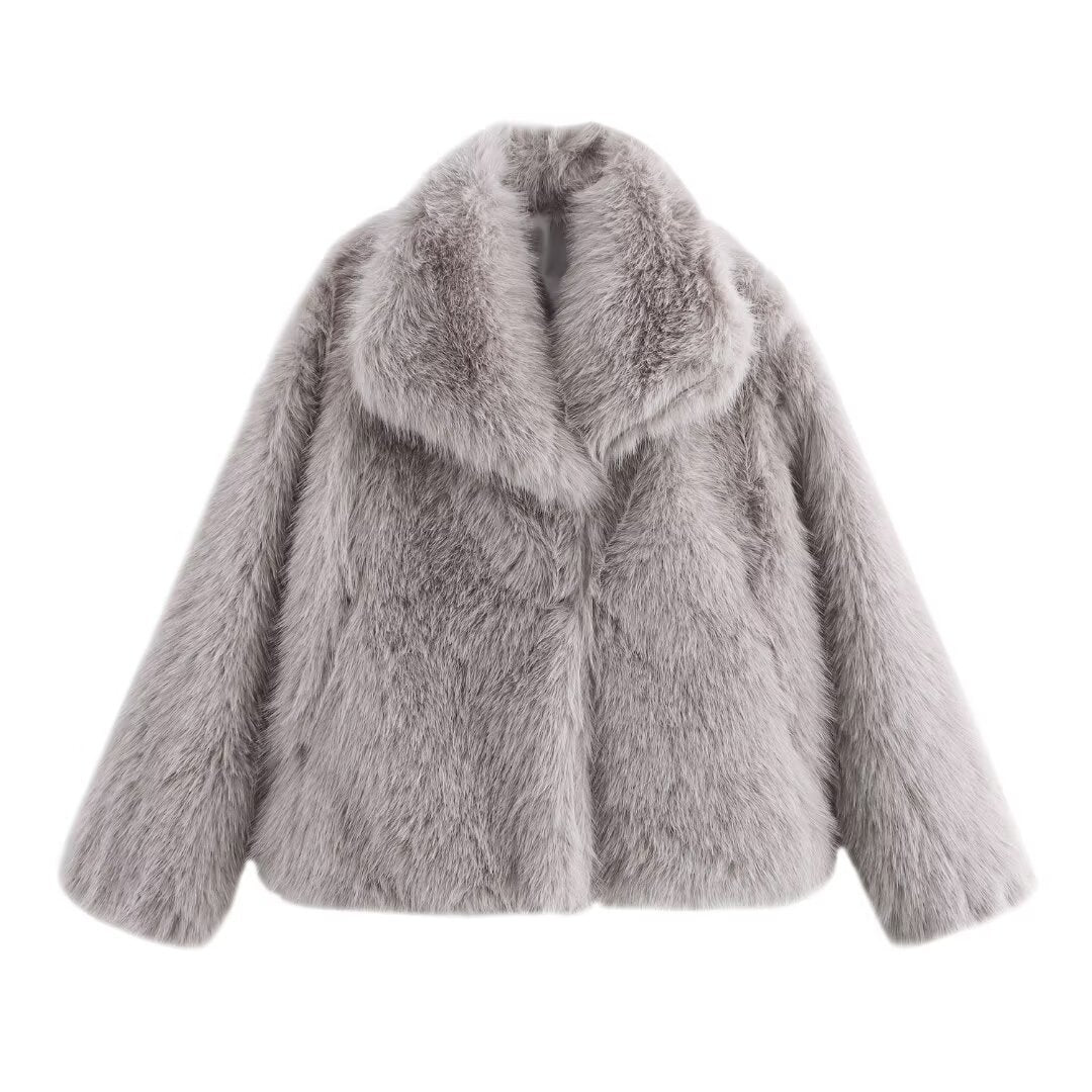 Women short cut boxy faux fur coat with shawl collar Chichicherry
