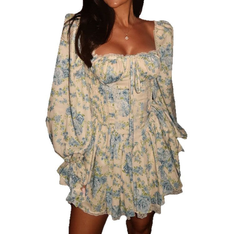 Ladies Corset Mini Dress with Puff Sleeves, Square Neckline and Tiered Ruffle Skirt Chichicherry