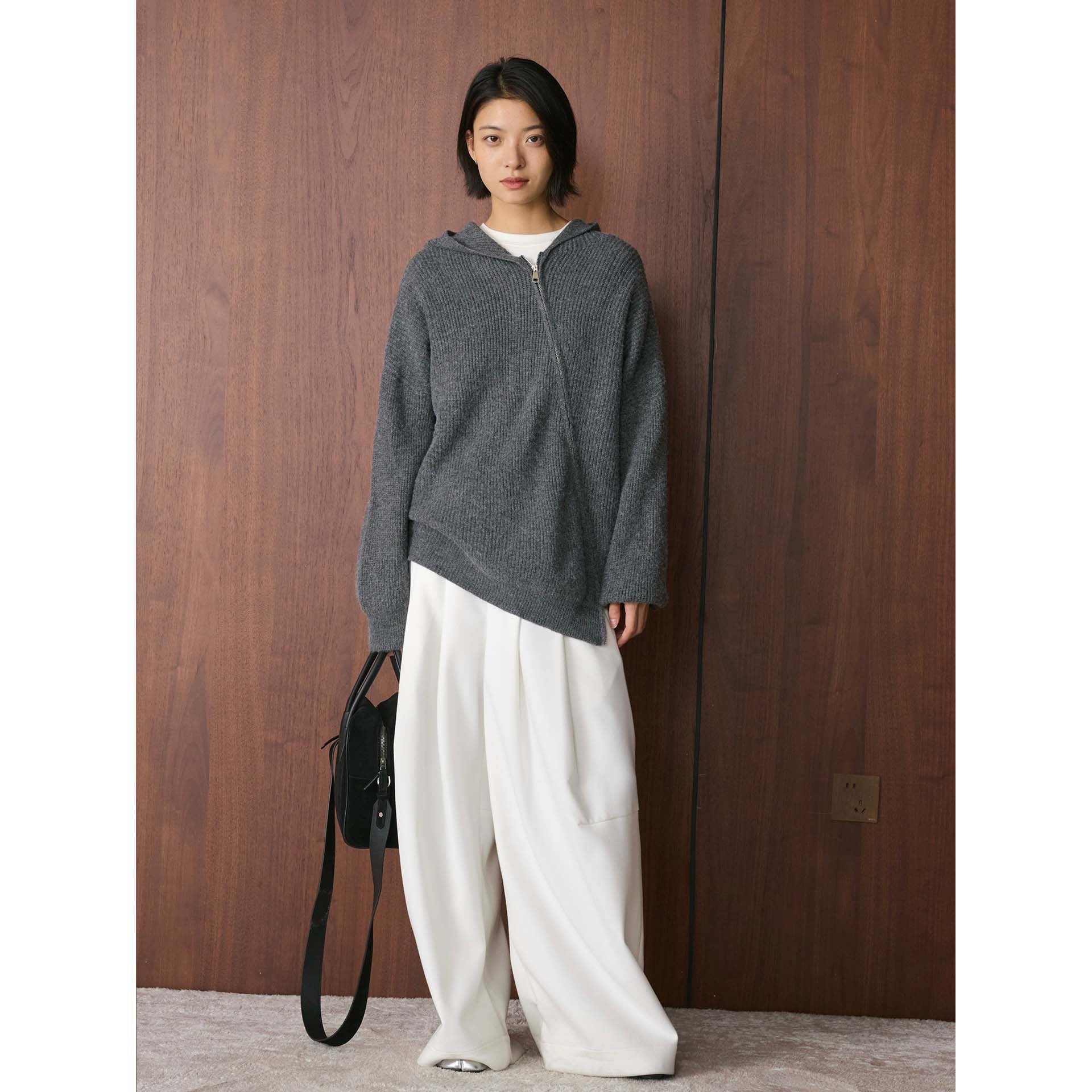 Women's Cozy Zip Hoodie Cardigan in Ribbed Knit Mix with Balloon Sleeves Chichicherry
