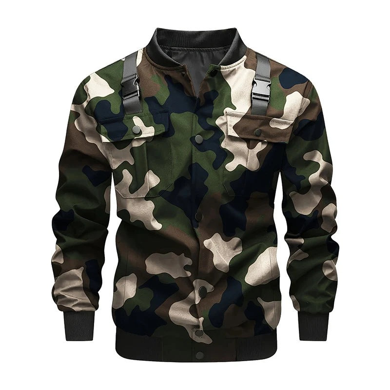 Men's Utility-Style Bomber Jacket with Shoulder Straps, Snap Button Placket & Flap Pockets Chichicherry