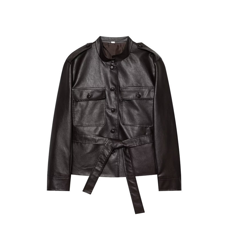 Women's Tailored Faux Leather Safari Jacket with Tie Belt and Flap Pockets Chichicherry