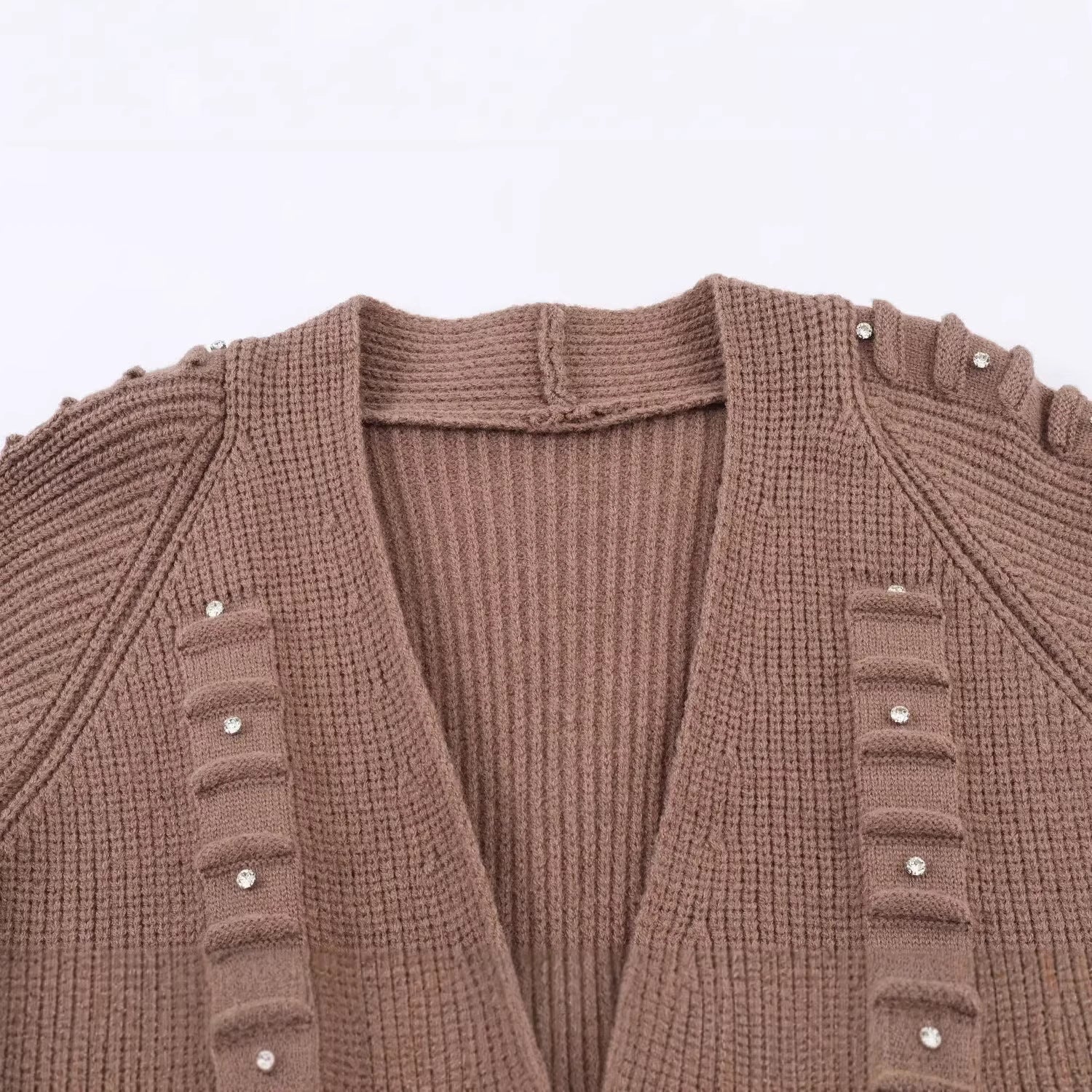 Women Longline Knit Cardigan with Bead and Ruffle Detail Open Front Chichicherry