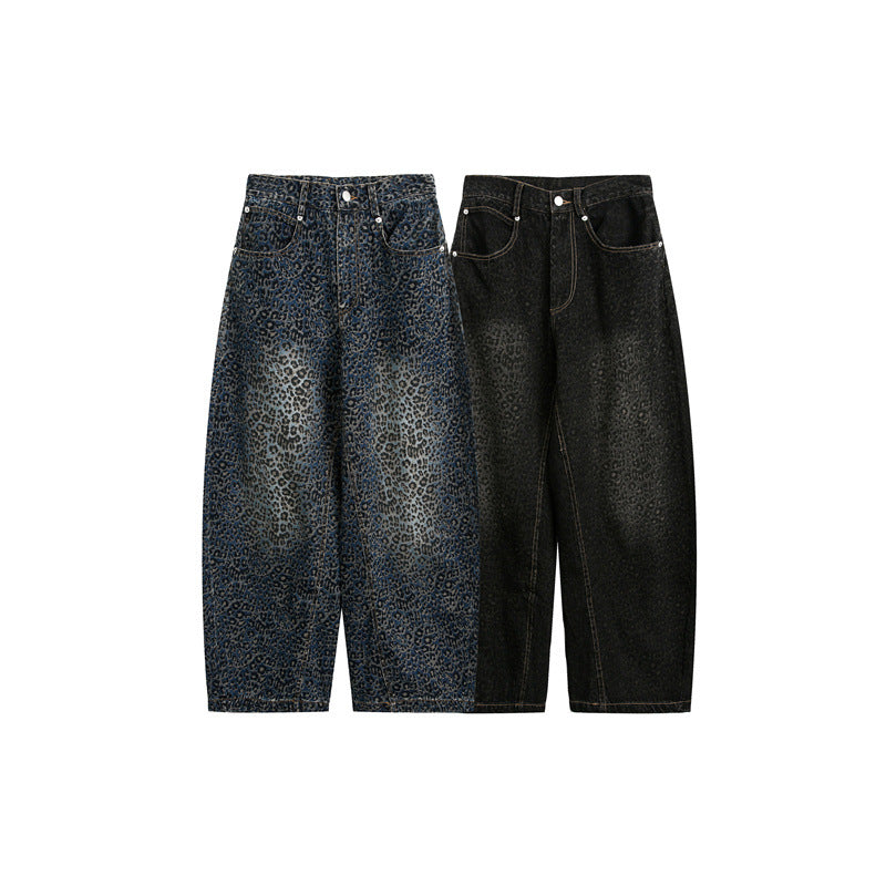 Ladies Cropped Wide Jeans with High Waist and Leopard Print Chichicherry
