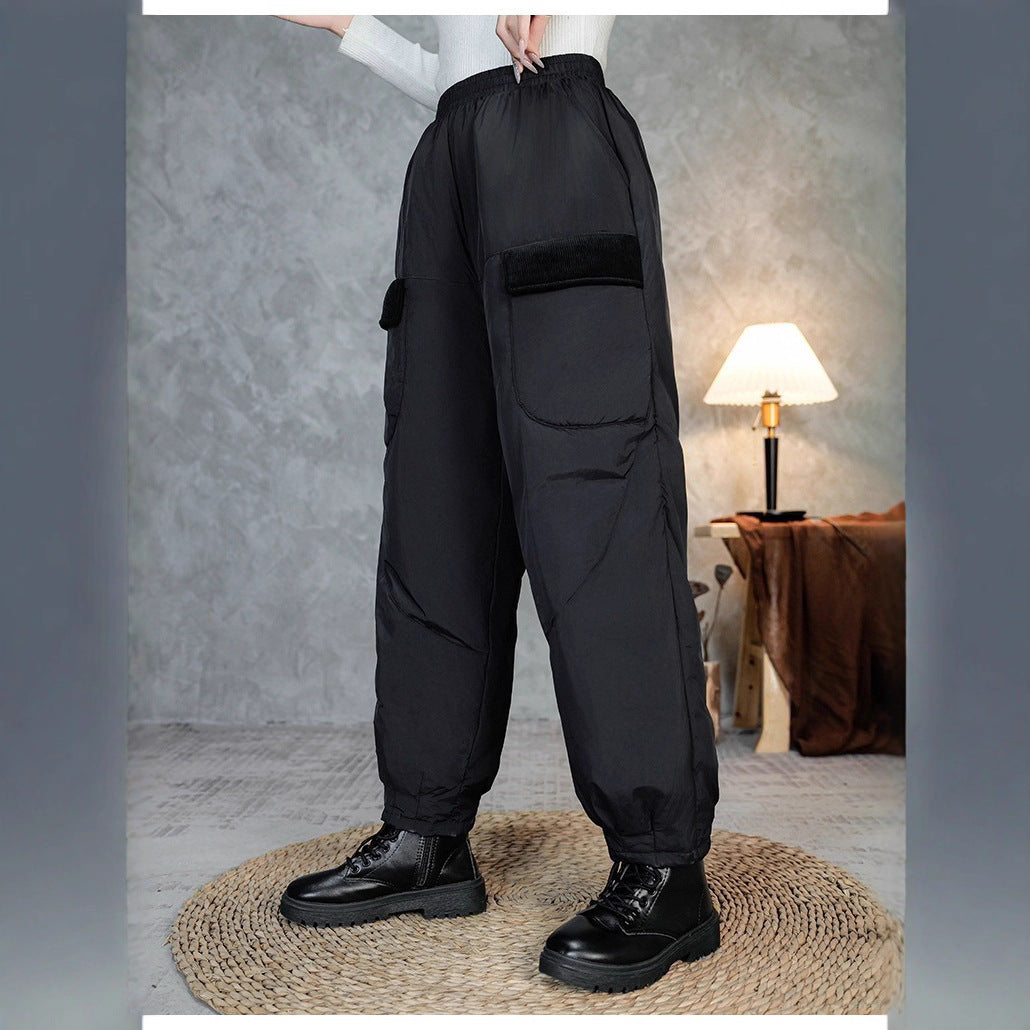 Women's Quilted Thermal Cargo Pants with Elastic Waistband and Cuff Chichicherry