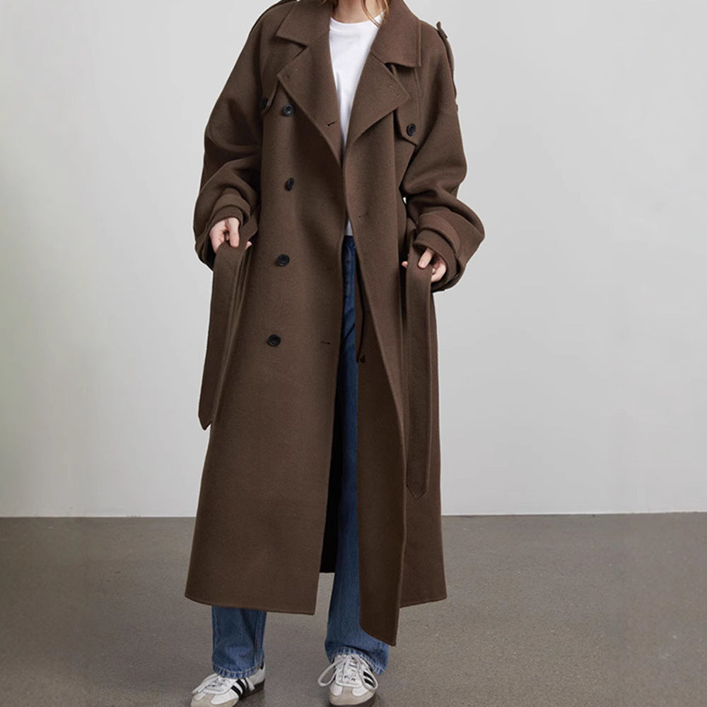 Women's Long Wool Blend Coat with Wide Lapels, Epaulettes and Adjustable Sleeve Straps Chichicherry