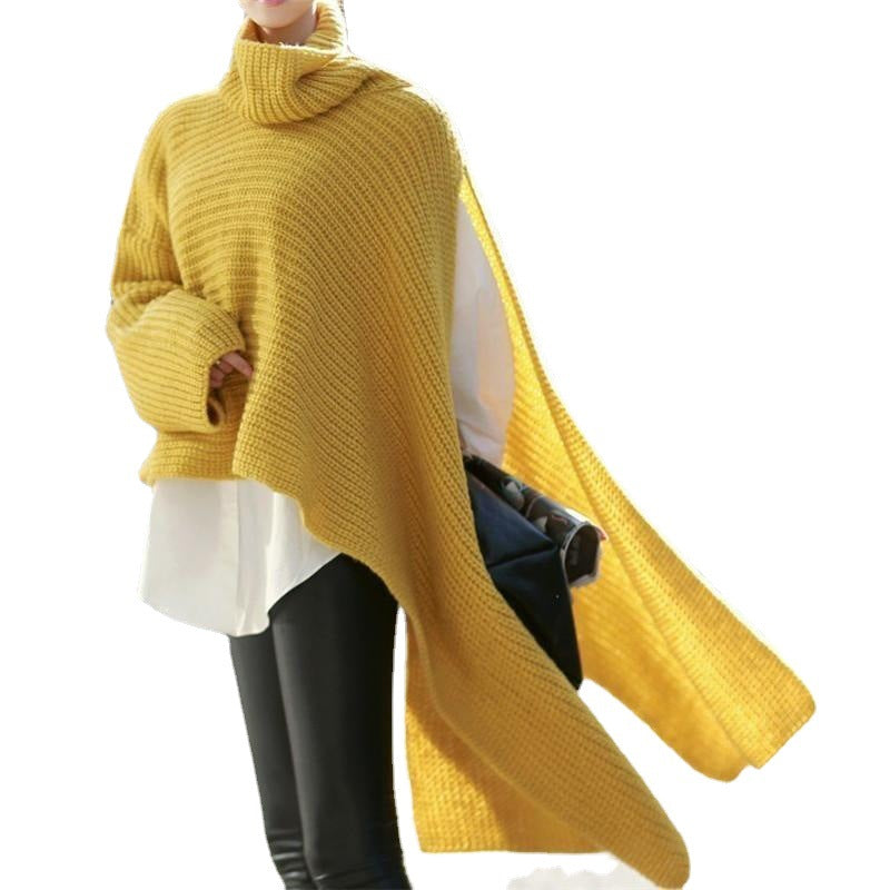 Women Asymmetrical Roll Neck Poncho with Side Cape Detail Chichicherry