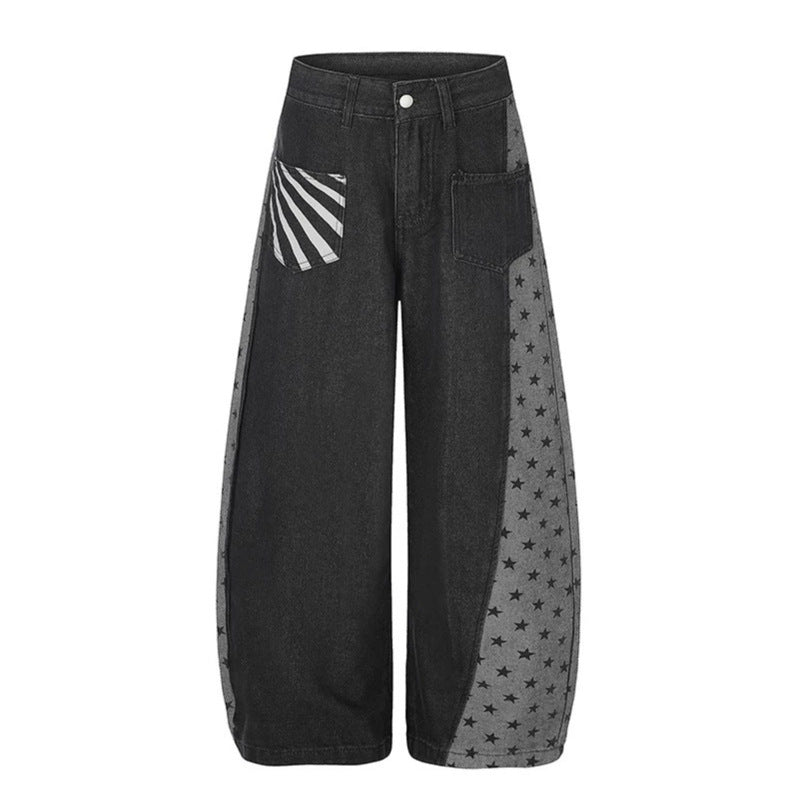 Women's Wide Denim Palazzo Pants with Contrast Sides, Star Print and Patch Pockets Chichicherry