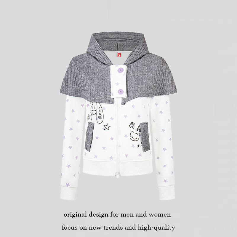 Women's hooded sweatshirt jacket with removable knitted cape, star print and front zipper Chichicherry