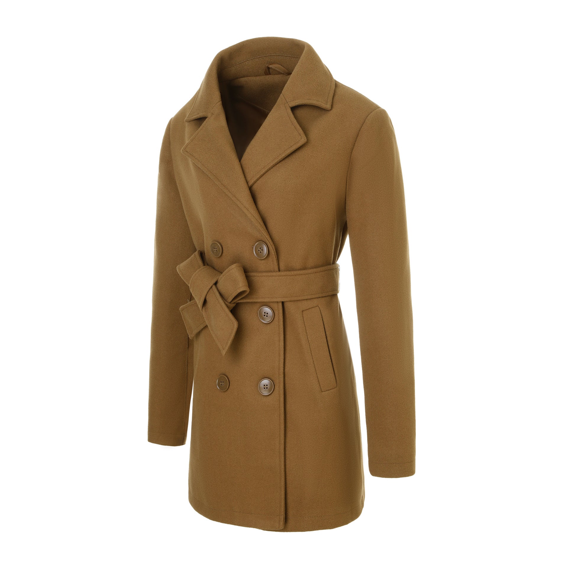 Women's tailored double-breasted wool coat with tie belt and lapel collar Chichicherry