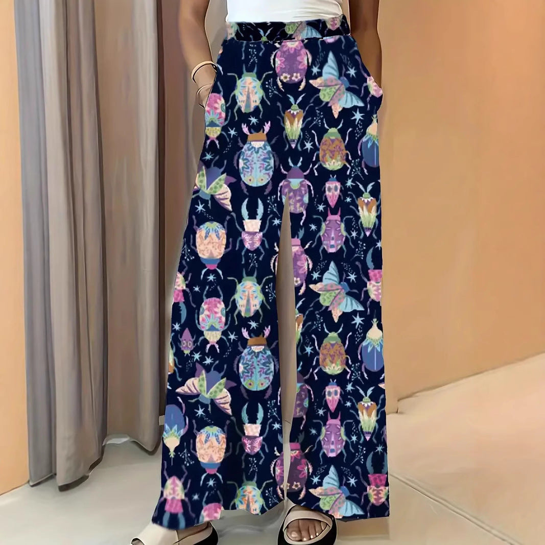 Women's Wide Palazzo Pants with Elastic Waistband and Eye-catching Beetle Print Chichicherry