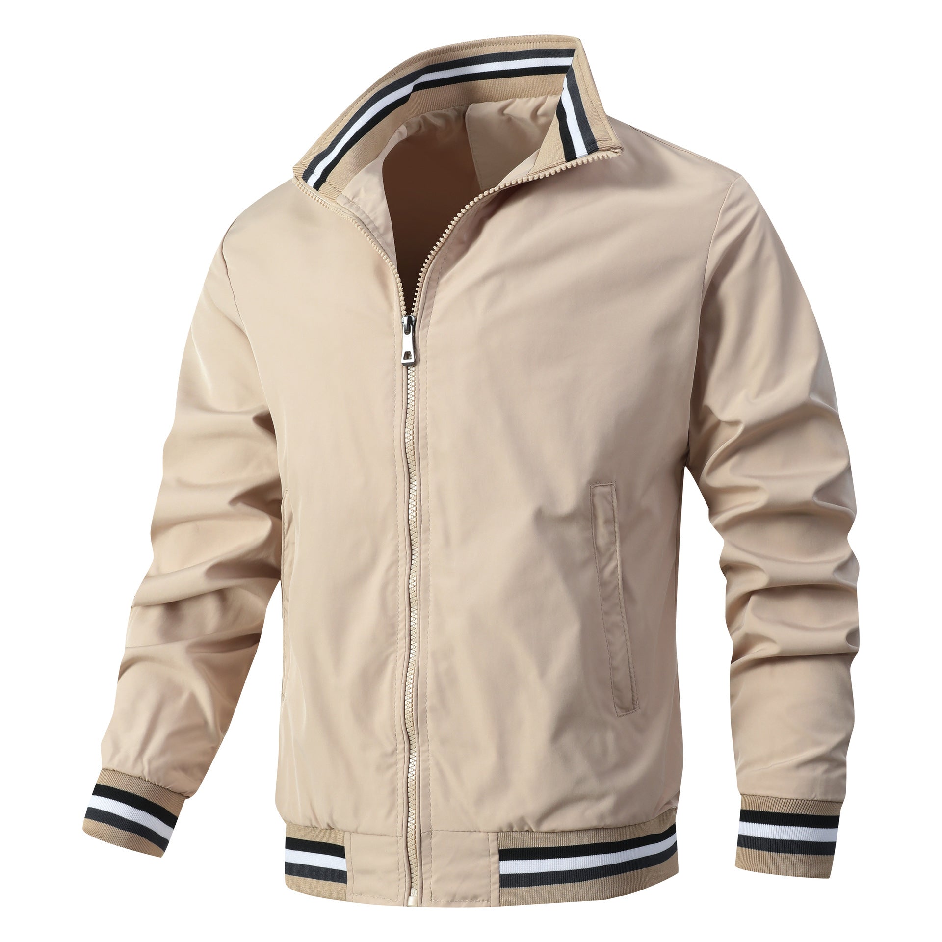 Men's Lightweight Bomber Jacket with Striped Ribbed Collar, Zipper and Side Pockets Chichicherry