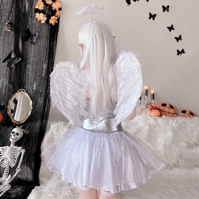 Women's Fantasy Angel Costume with Transparent Tulle Skirt and Sparkling Accents Chichicherry