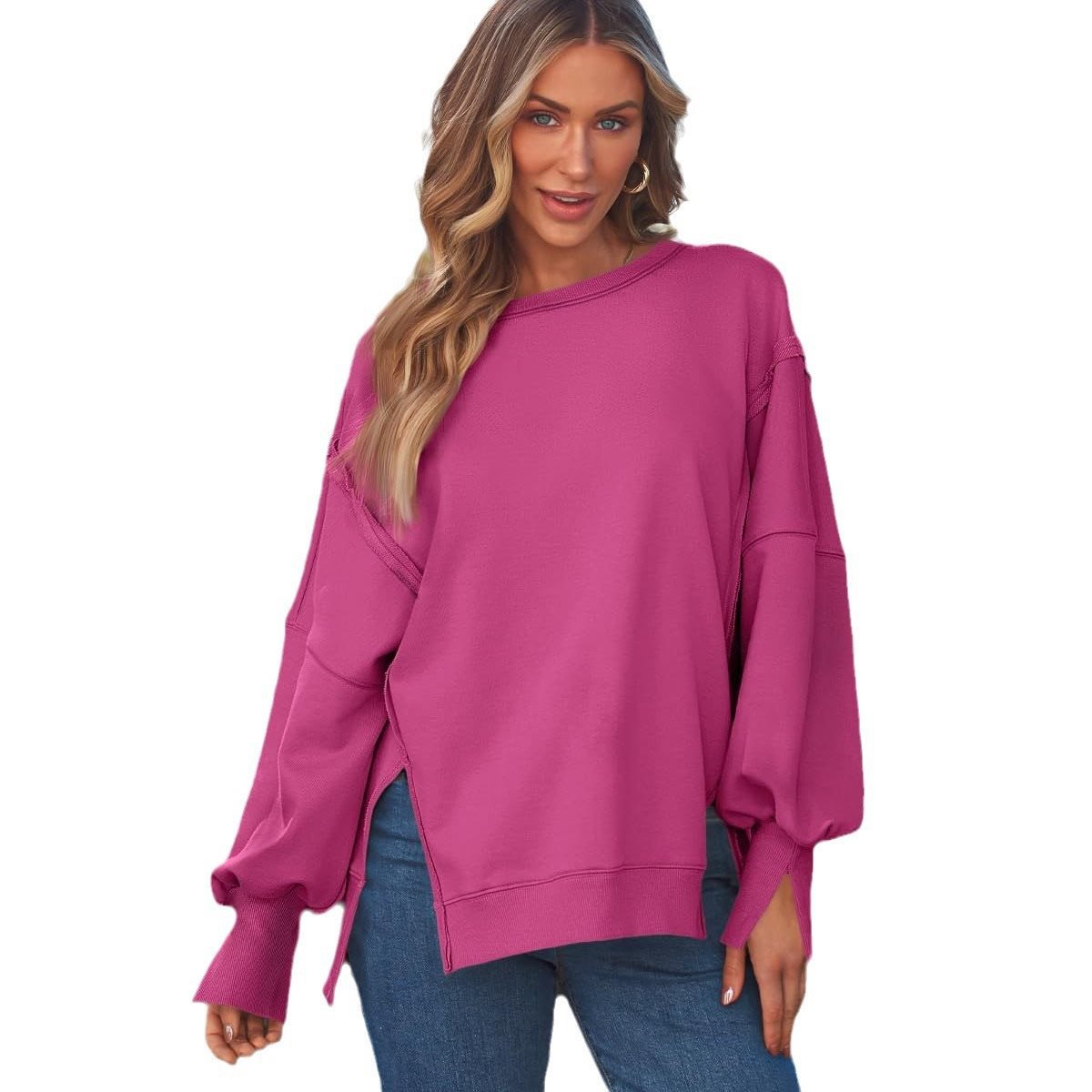 Ladies Soft Longline Sweatshirt with Balloon Sleeves, Side Slits and Ribbed Hem Chichicherry