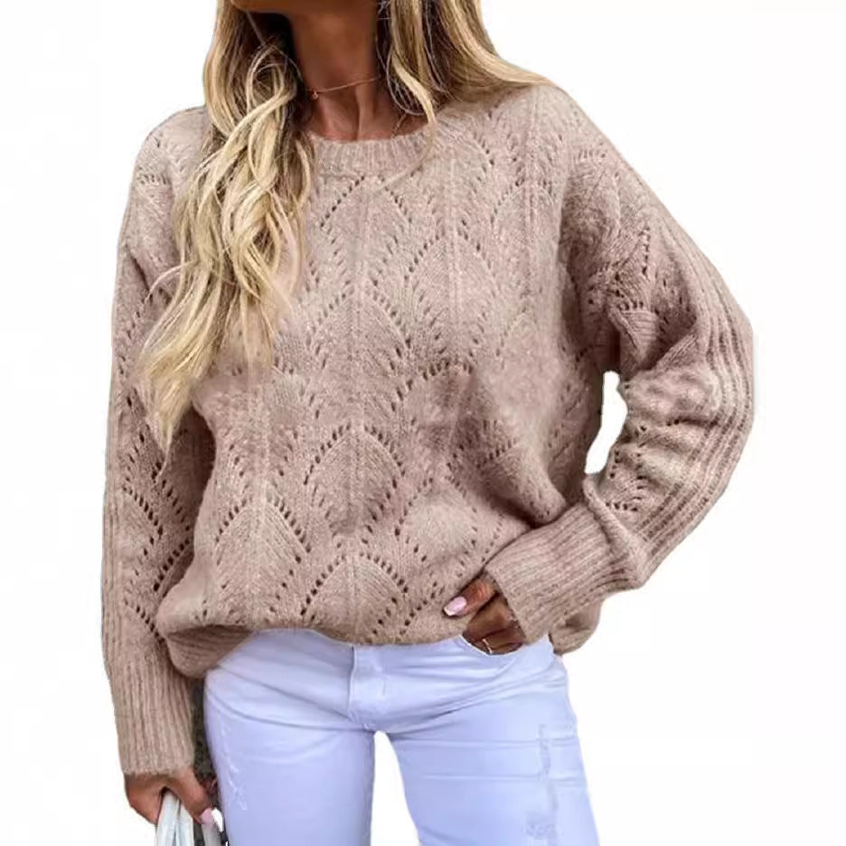 Women Oversize Ajour Knit Sweater with Round Neck Chichicherry