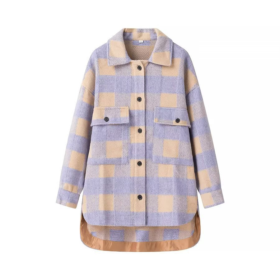 Women's Oversized Shirt Jacket in Check with Large Flap Pockets and Curved Hem Chichicherry