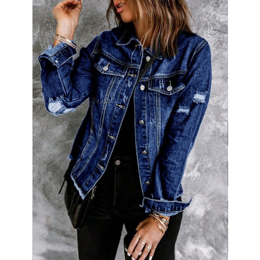Women Tailored Denim Jacket with Destroyed Accents, Patch Pockets, and Visible Quilted Stitching Chichicherry