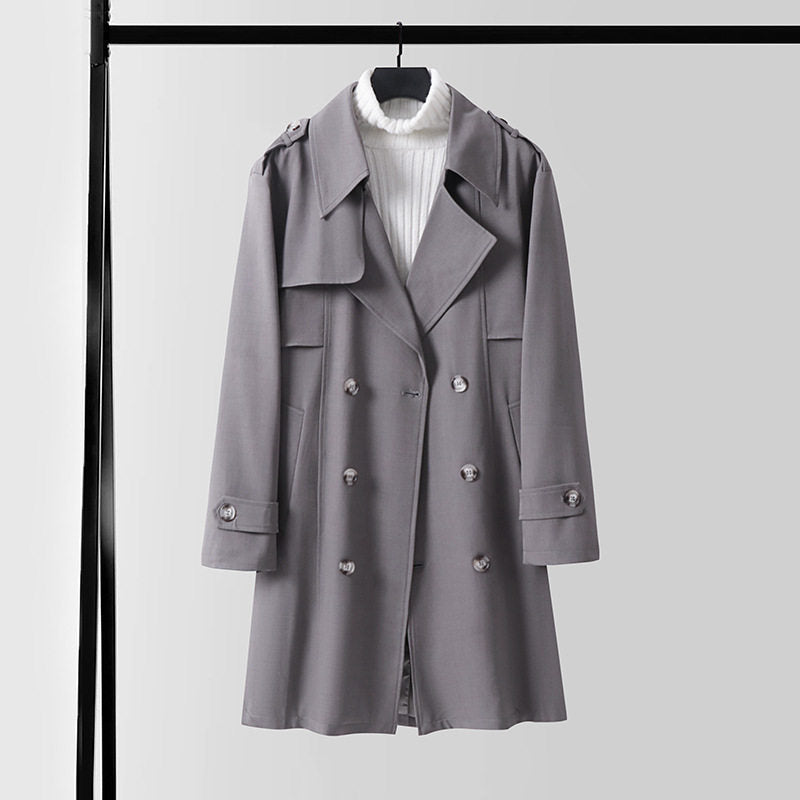 Women's Double-breasted Short Trench Coat made of lightweight wool blend with a soft drape and shoulder flaps Chichicherry