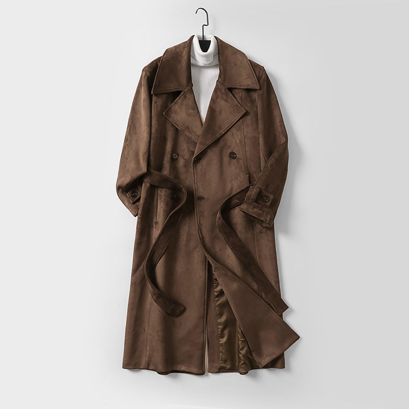 Men's Maxi Length Velour Coat in Trench Look with Wide Lapels and Belt Chichicherry