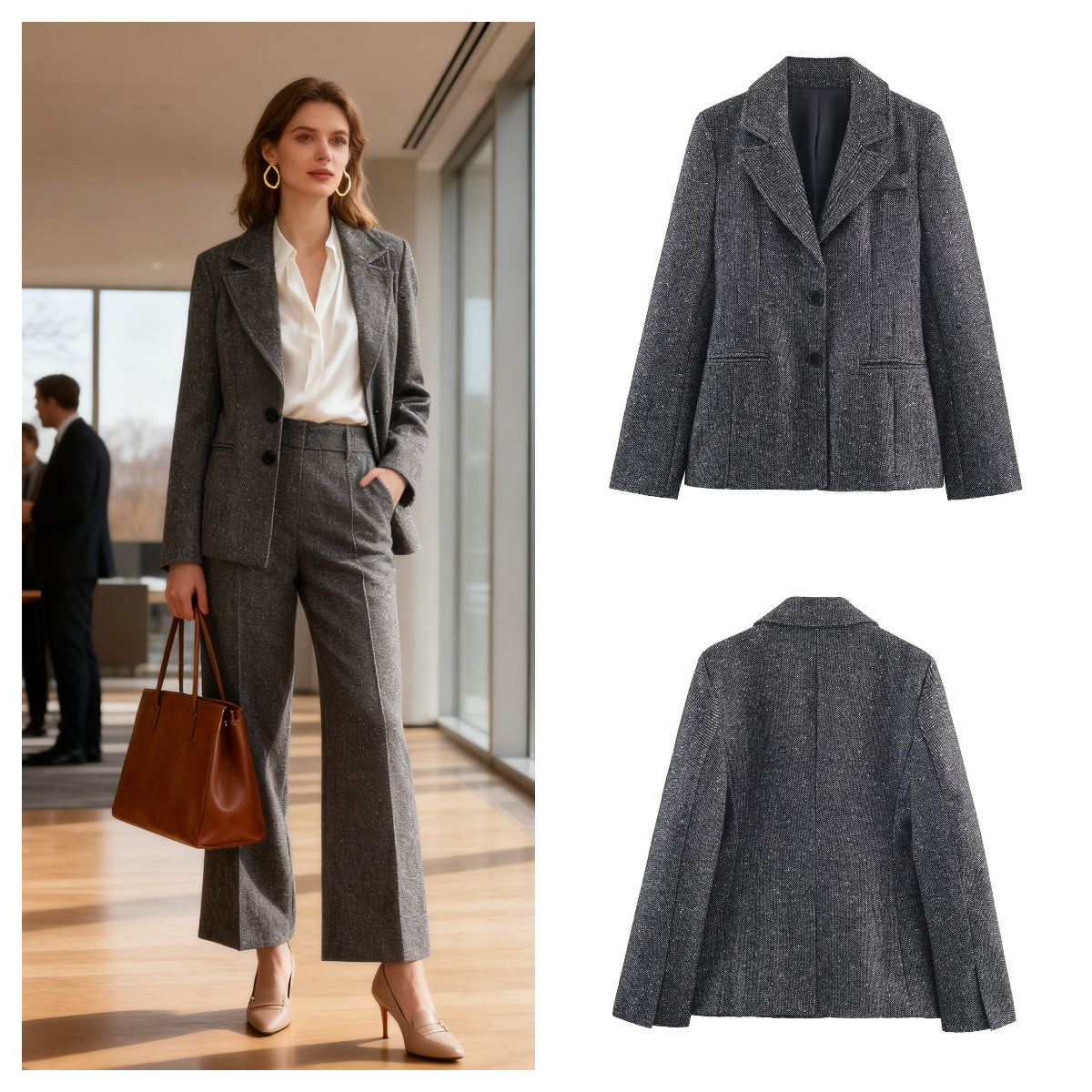 Women's Wide Wool Look Pleated Trousers with High Waist and Press Pleat Chichicherry