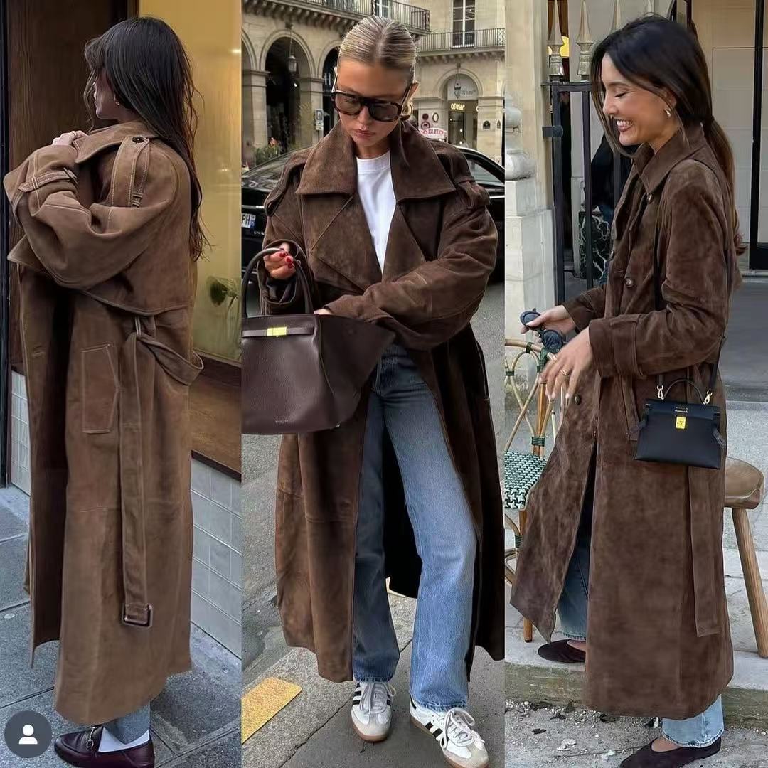 Women Mid-length Oversize Trench Coat made of Suede Look with double-breasted button placket, shoulder epaulets and tie belt Chichicherry
