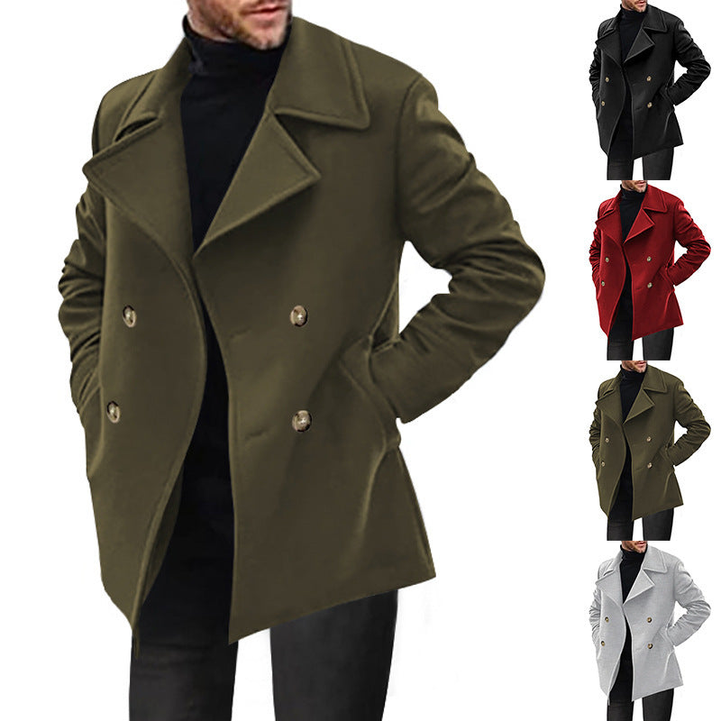 Men's Double-Breasted Tailored Peacoat with Wide Lapels and Pockets Chichicherry