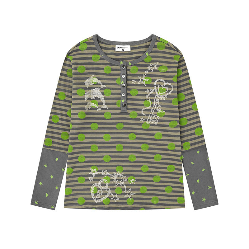 Women Striped Henley Long Sleeve Shirt with Contrast Sleeves, Star Print and Decorative Stone Motifs Chichicherry