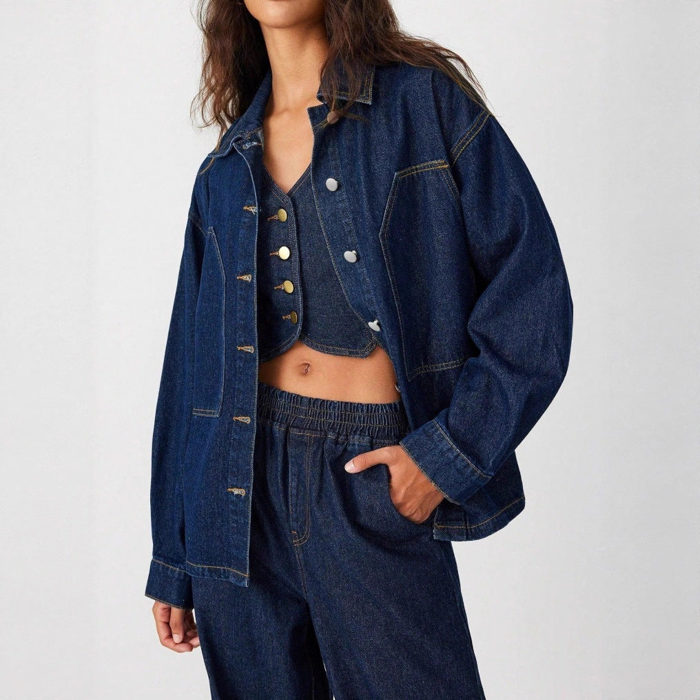 Women's Oversized Denim Jacket with Distinctive Front Pockets and Relaxed Fit Chichicherry
