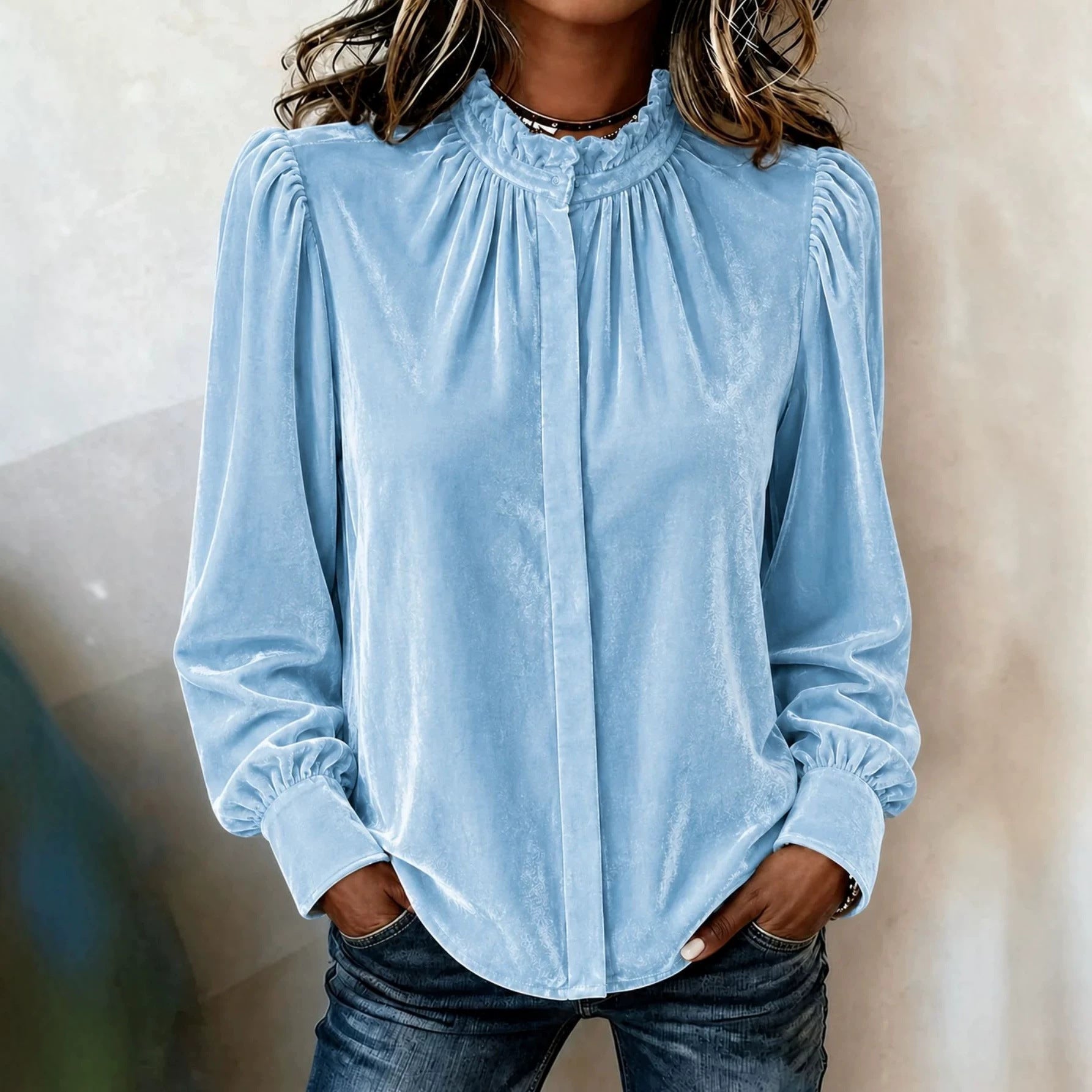 Ladies' velvet blouse with ruffled stand collar, concealed button placket, and gathered balloon sleeves Chichicherry