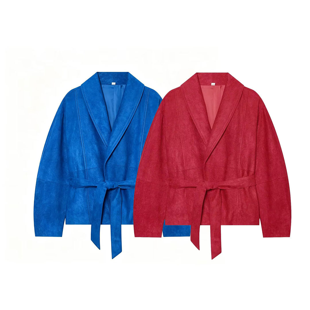 Women's short jacket in kimono style made of velour look with shawl collar and tie belt Chichicherry