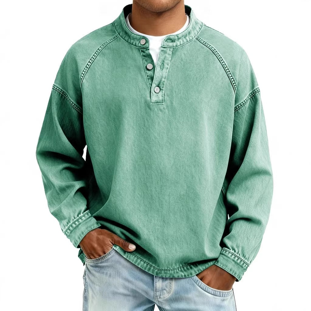 Men's Long Sleeve Henley Sweatshirt with Stand-Up Collar and Vintage Denim Effect Chichicherry