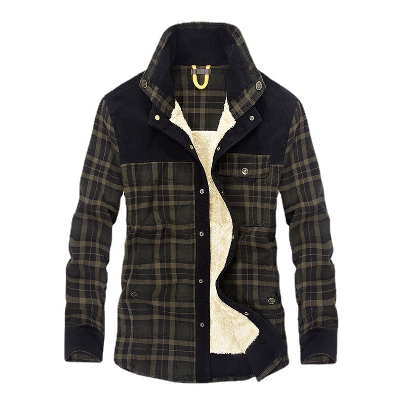Men's Casual Flannel Field Shirt Jacket with Teddy Lining and Cord Trimming Chichicherry