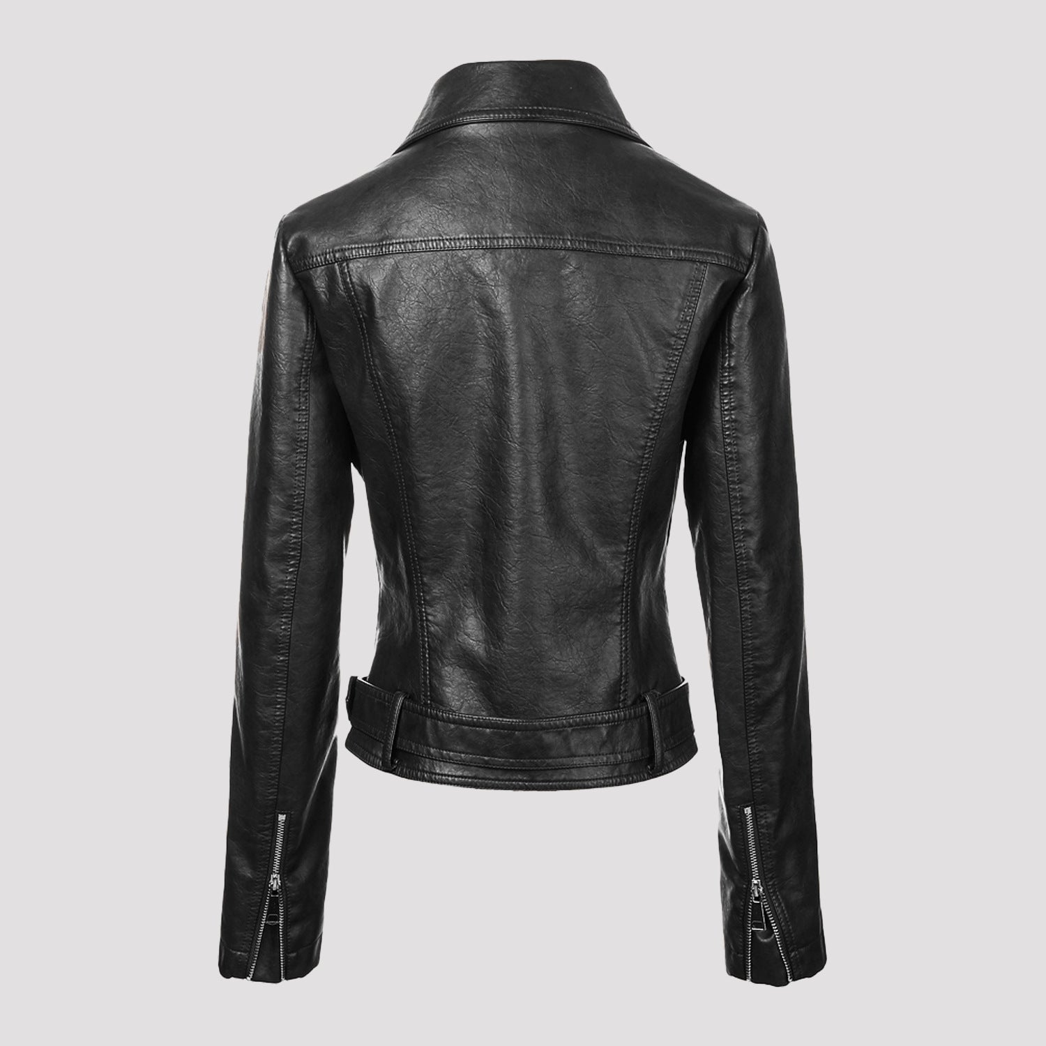 Women's short tailored leather biker jacket with waist belt and asymmetrical zipper Chichicherry