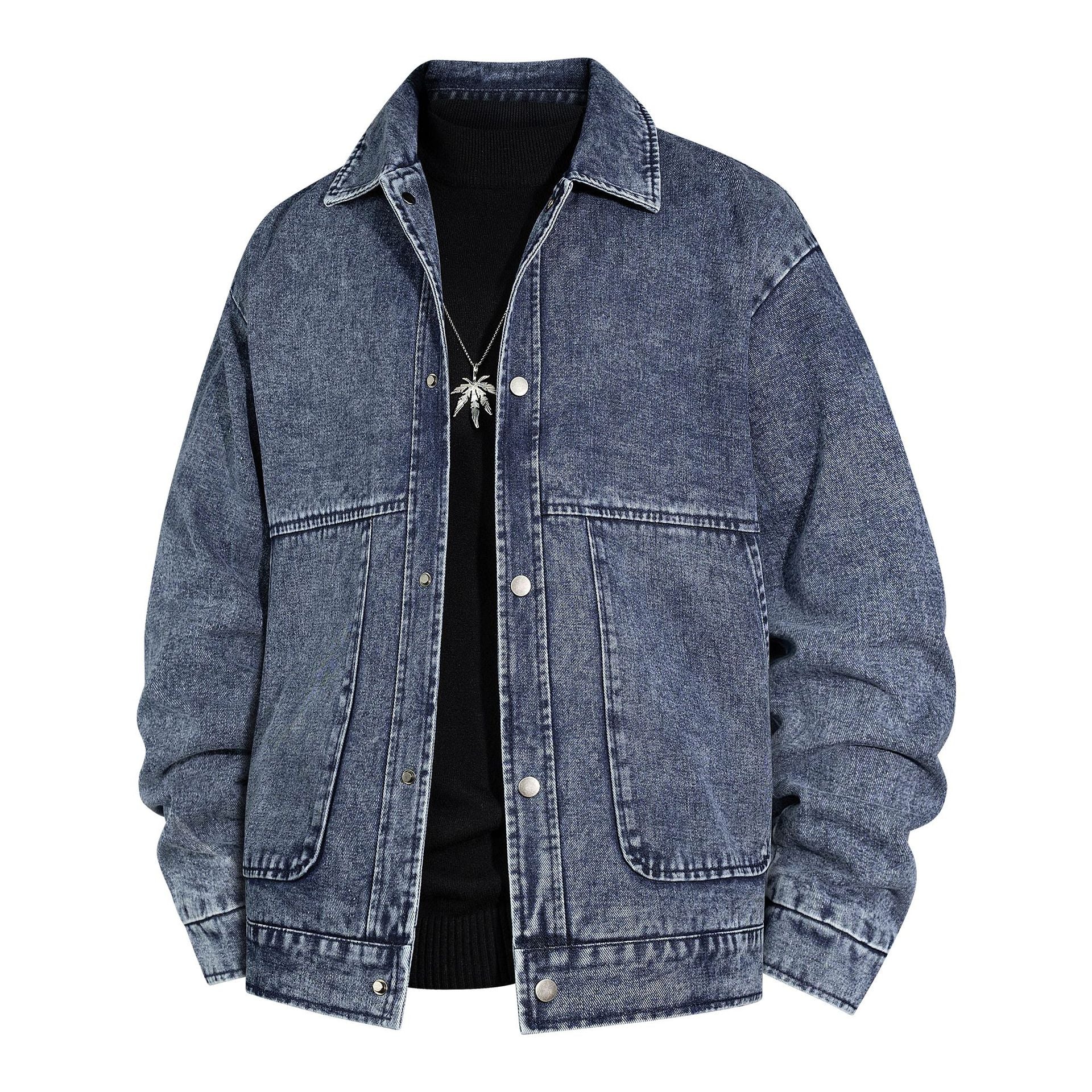 Men's Oversized Denim Jacket with Stonewash Effect and Patch Pockets Chichicherry