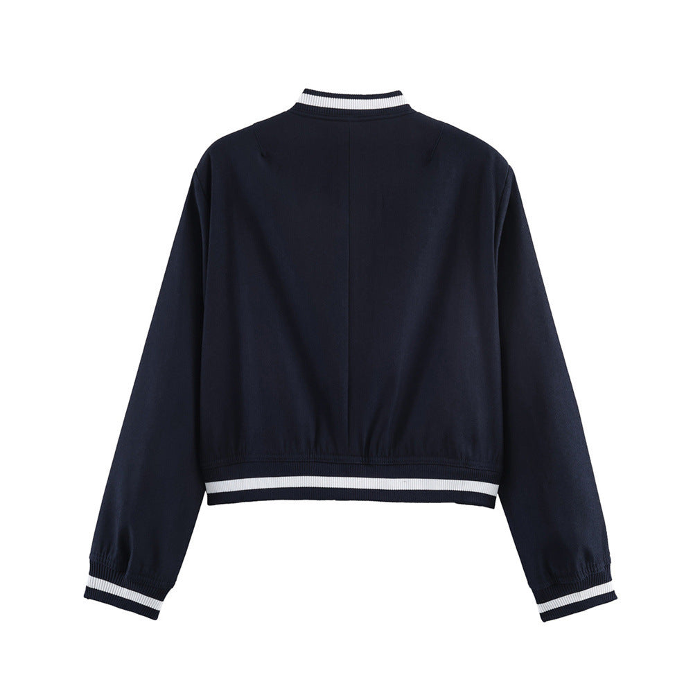 Women's short-cut college bomber jacket with ribbed striped collar and snap button placket Chichicherry