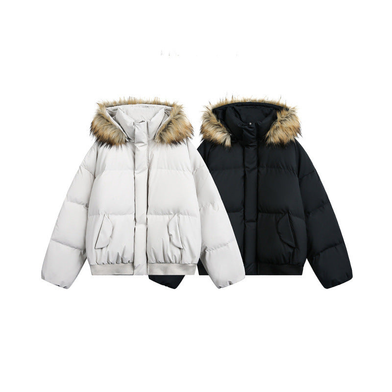 Women short quilted bomber jacket with hood and faux fur trim Chichicherry