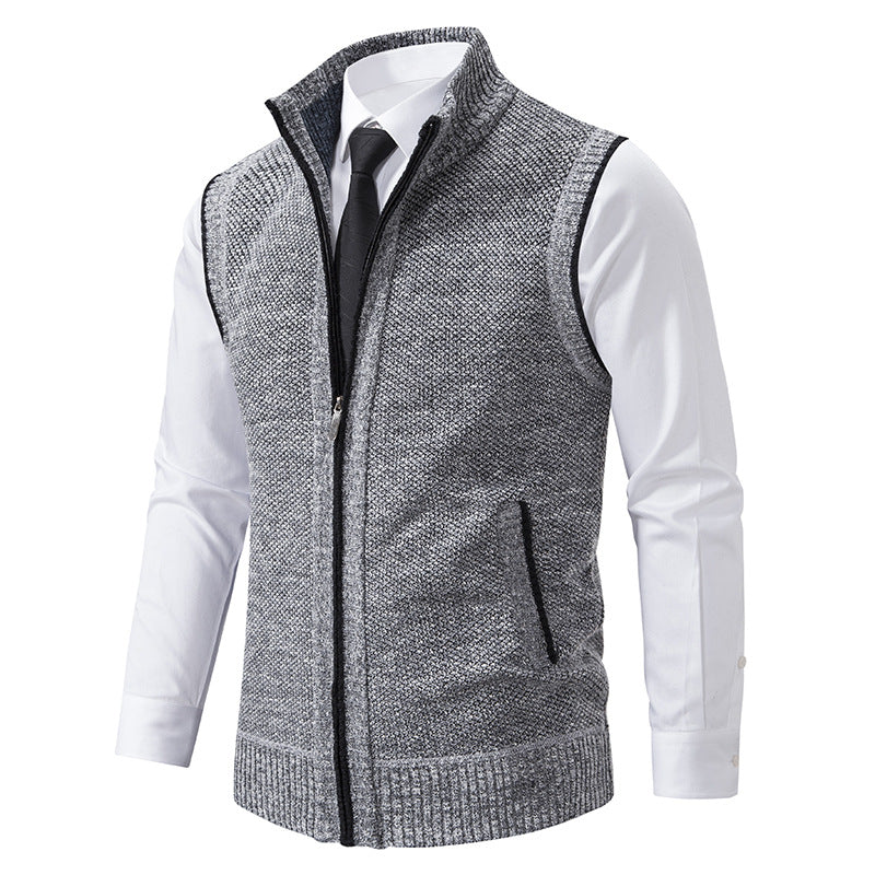 Men's Slim-Fit Sleeveless Structured Knit Vest with Stand Collar and Front Zipper Chichicherry