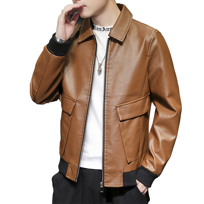 Men's Urban Faux Leather Flight Jacket with Flap Pockets and Ribbed Hem Chichicherry
