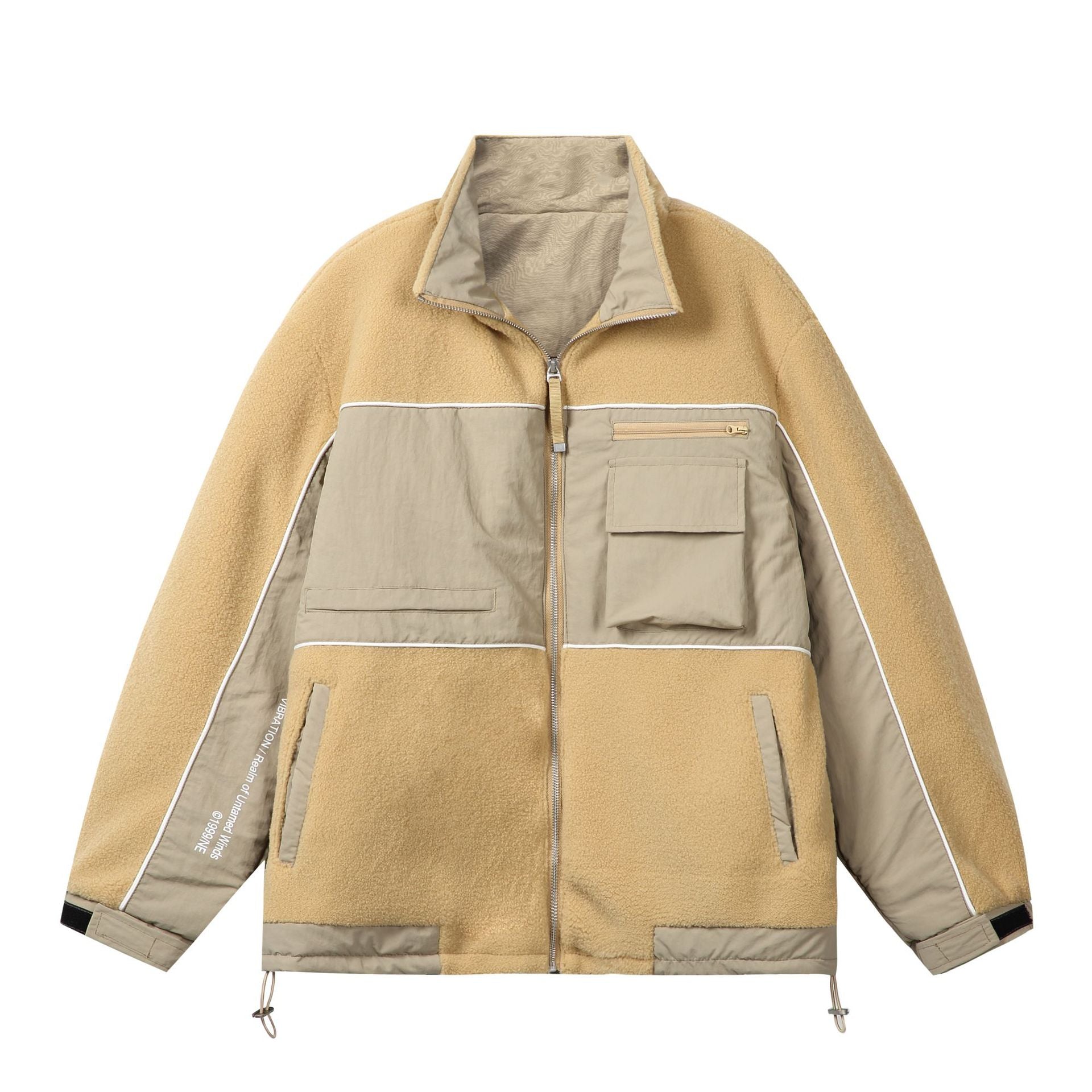 Unisex Oversize Fleece Field Jacket with Nylon Panels, High Stand-Up Collar and Drawstring Chichicherry