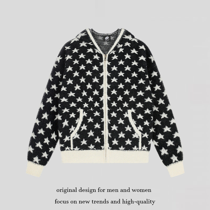 Women Fluffy Knit Zip Jacket with Allover Star Pattern, Kangaroo Pockets and Ribbed Cuffs Chichicherry