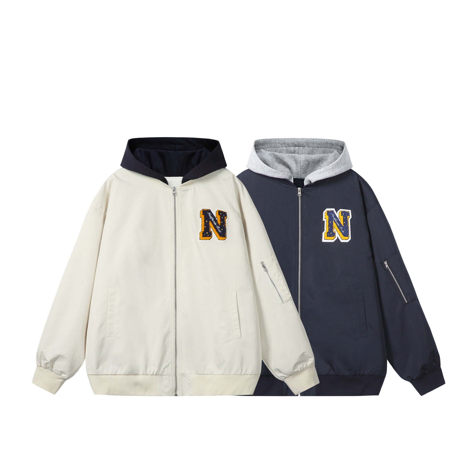 Unisex Boxy-Multi-layer Bomber Jacket with Integrated Hood and Collegiate Patch Chichicherry