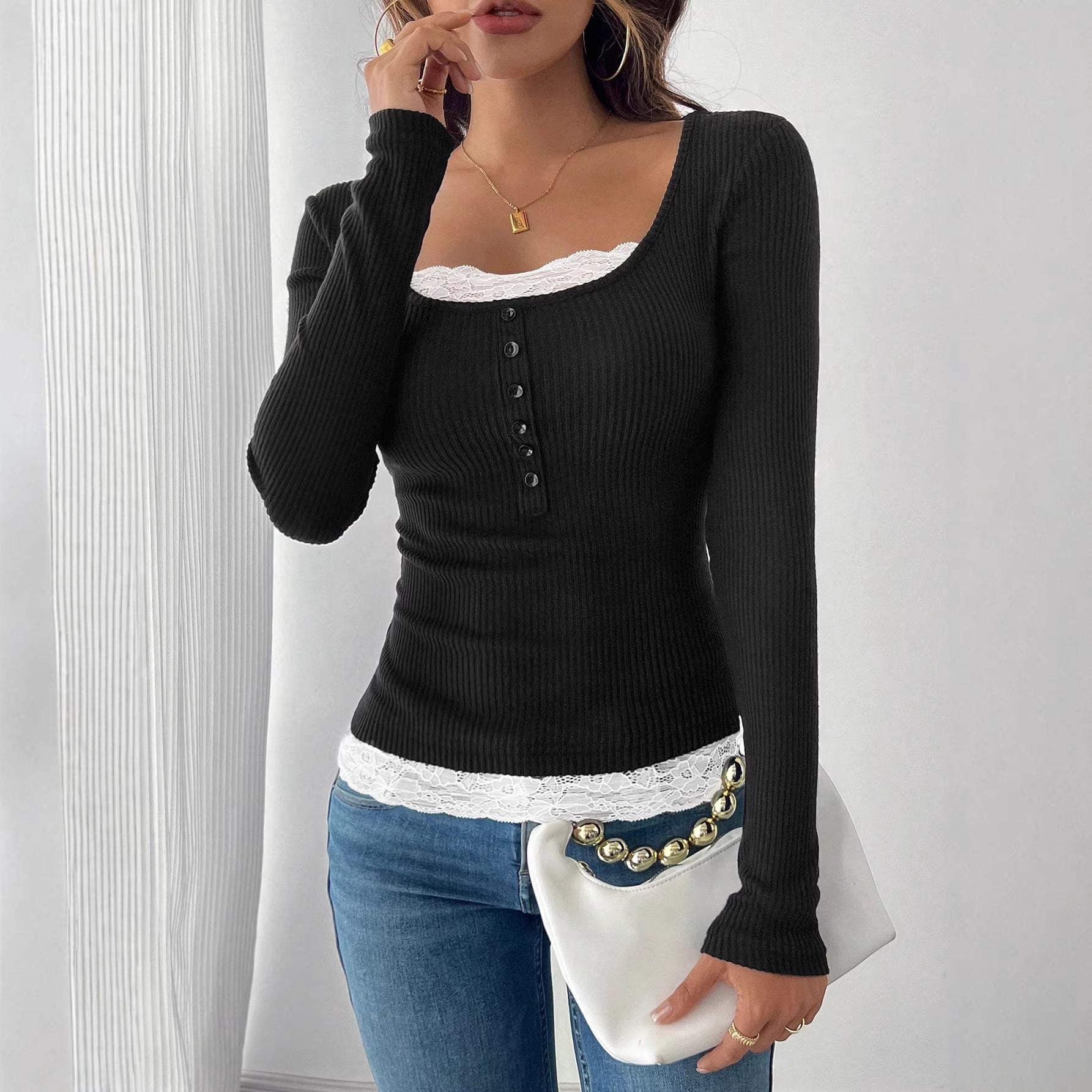 Women’s ribbed top with deep scoop neckline, decorative button placket and lace insert Chichicherry