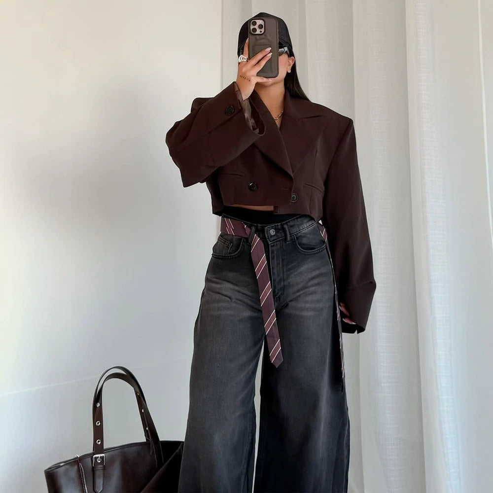 Women Cropped Boxy Short Blazer with Boxy Silhouette and Extra Long Sleeves Chichicherry