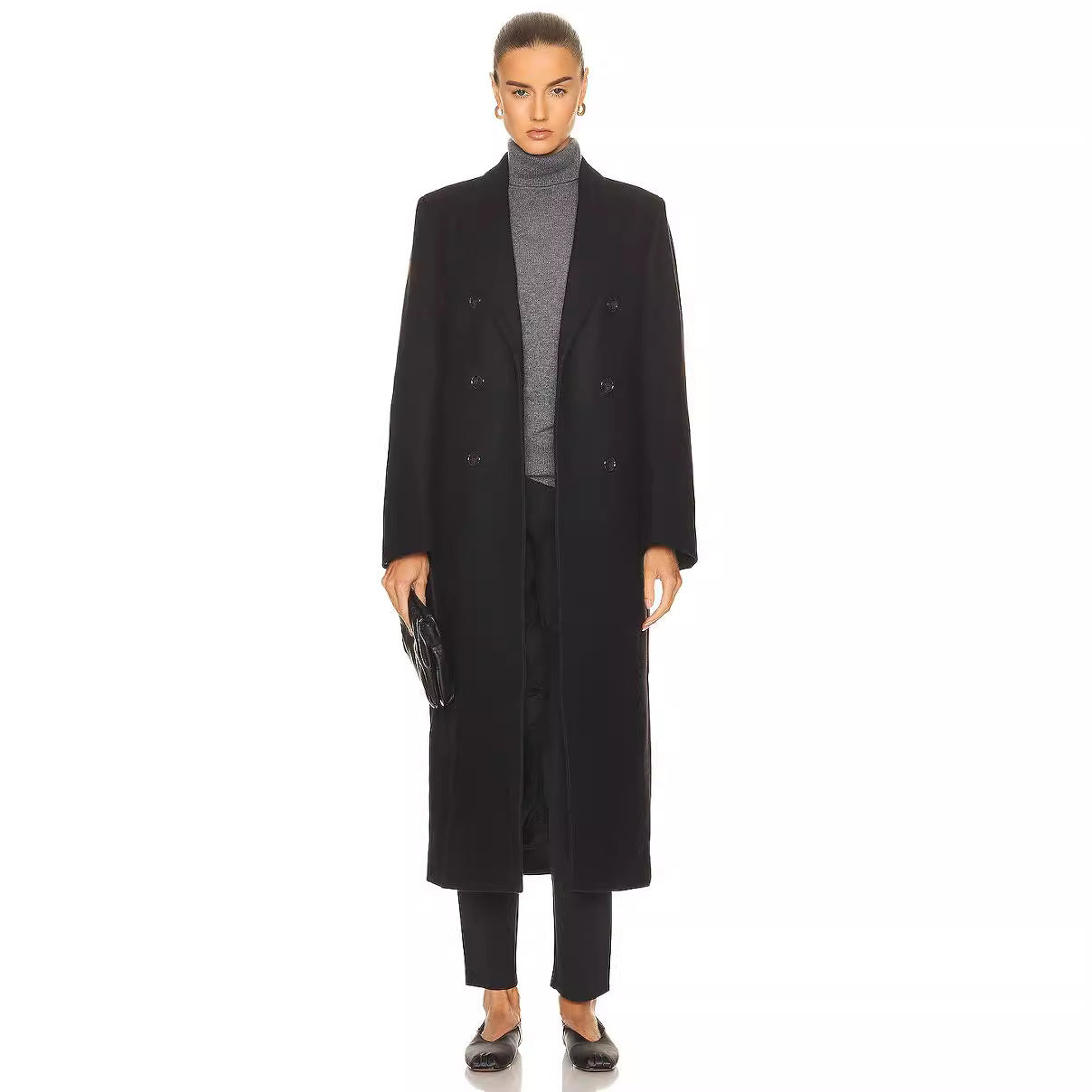 Women Maxi Length Double Breasted Wool Blend Long Coat with Tailored Finish Chichicherry
