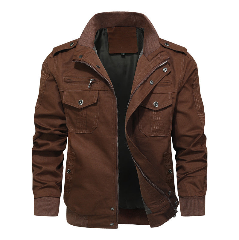 Men's Canvas Field Jacket with Multiple Pockets, Stand Collar and Ribbed Cuffs Chichicherry